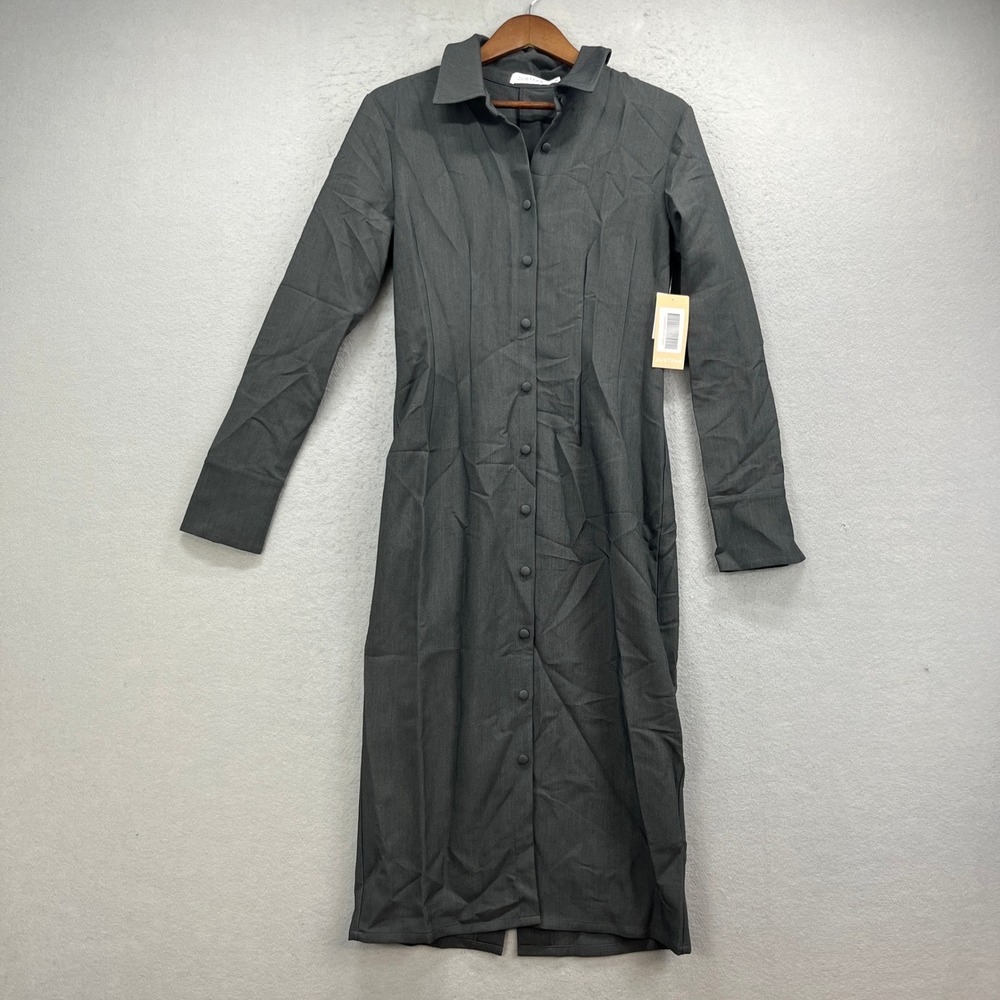 JustFab Shirt Dress Womens Medium Grey Long Sleeve Button Up Midi Work Office
